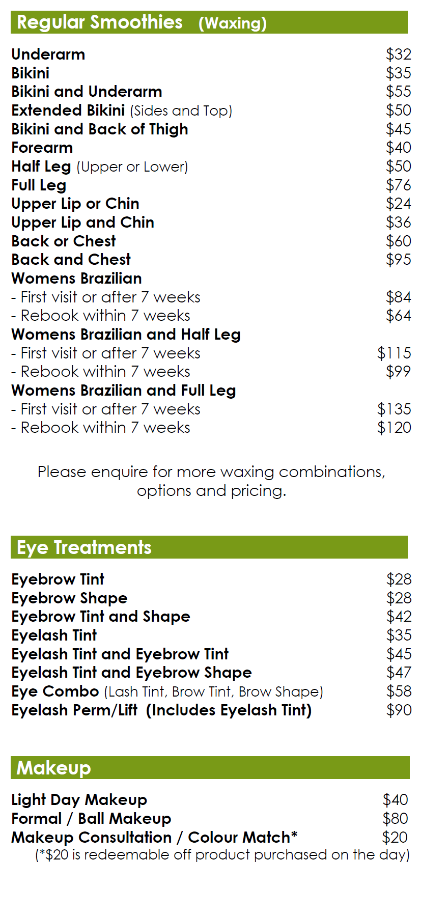 Body Cafe menu - waxing, eye treatments, dermaplaning, makeup